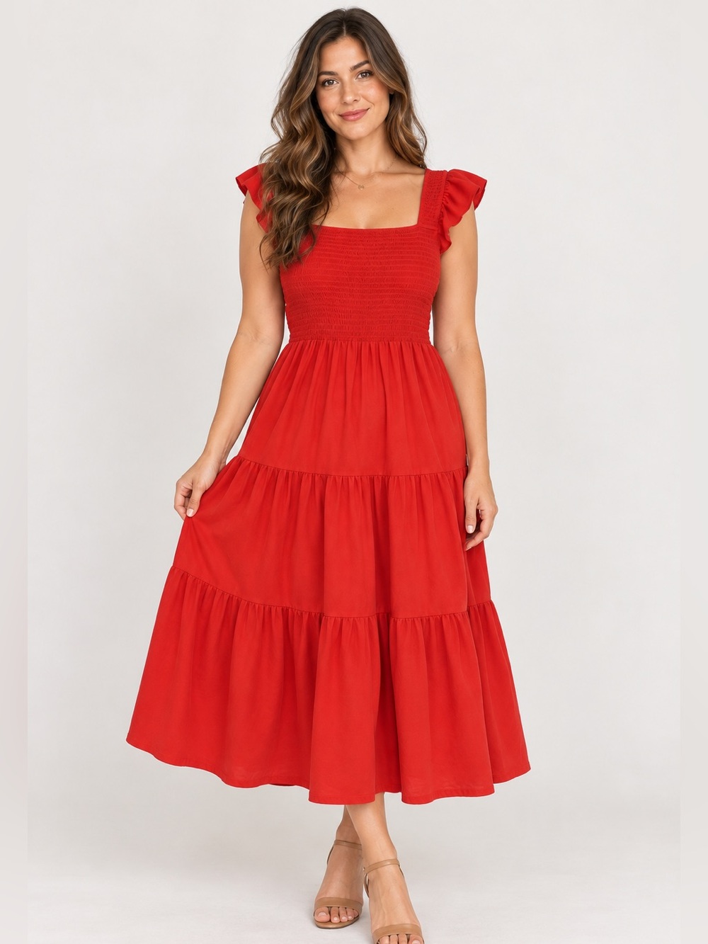 Lucky Brand Women’s XL Red Smocked Tiered Maxi Dress Flutter Sleeve Boho